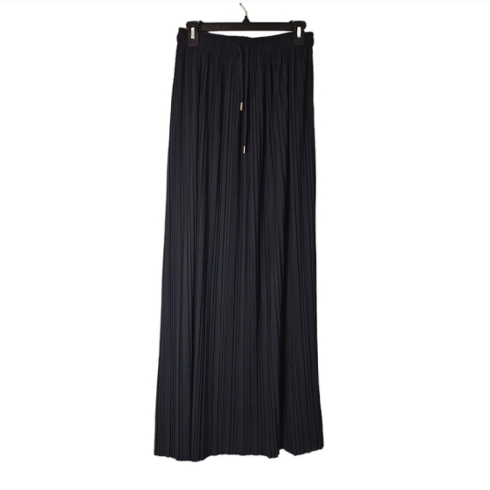 One Size Black Pleated Maxi Skirt Elastic High Waist Flowy Drawstring Boho - Picture 2 of 14